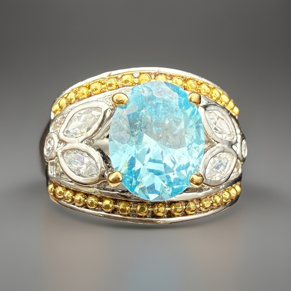 Ring Blue & Clear CZ Silver Tone & Gold Tone Ribbed Wide Band Ring Size 7.5